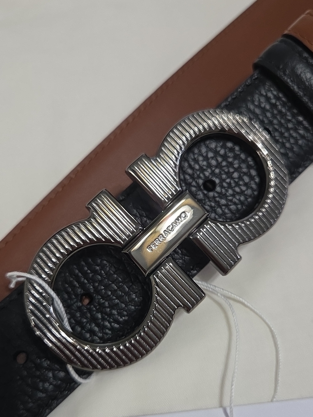 Salvatore Ferragamo Black & Brown Leather Belt Dark Silver Gancini Buckle